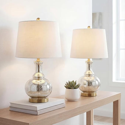 JONATHAN Y JYL1068A-SET2 25" Mercury Glass Table Lamp Set of 2 for Living Room Bedroom, Contemporary Glam Bedside Nightstand Lamps with White Linen Drum Shade and Brass Gold Base, LED Bulbs Included