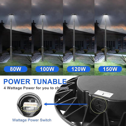 LED Post Top Light with Dusk to Dawn Photocell, 80W-100W-120W-150W Power Tunable, 3000K/4000K/5000K CCT Tunable, Outdoor Post Pole Lights for Garden Pathway Street Lighting, IP65 DLC ETL Listed