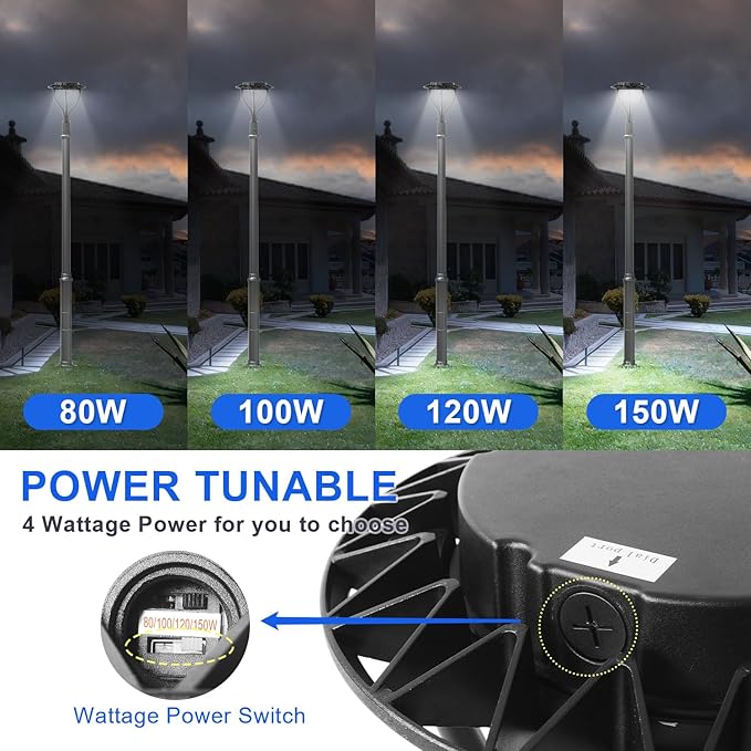 LED Post Top Light with Dusk to Dawn Photocell, 80W/100W/120W/150W Power Tunable, 3CCT 3000K/4000K/5000K Outdoor Post Pole Lights, IP65 LED Circular Area Light for Garden Yard Street, ETL DLC Listed