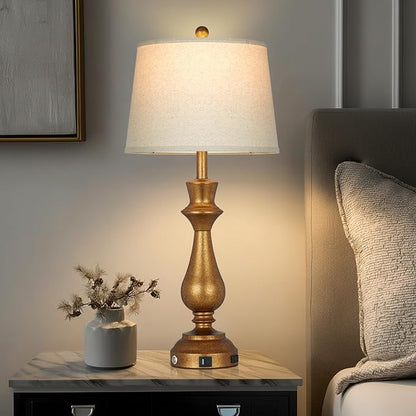 Retro Gold Table Lamps Set of 2 for Living Room,30" Tall Bedside Lamp with USB Charging Port,3-Way Dimmable Touch Nightstand Lamp for Bedroom Desk Side Table Office,Copper Gold