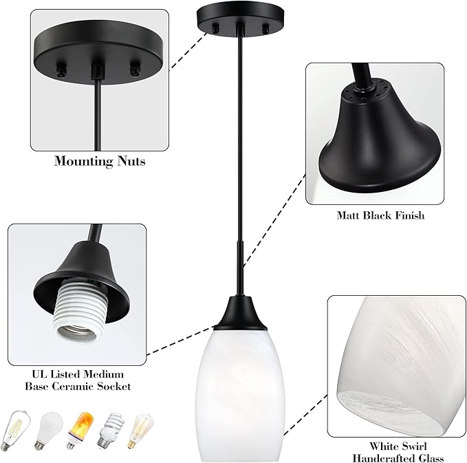 Mini Glass Pendant Light,4.72" Black White Hanging Lights 3-Pack Handblown White Oval Art Glass Hanging Pendant Light for Kitchen Island,Dining Room,Living,Foyer,Hallway, Entry
