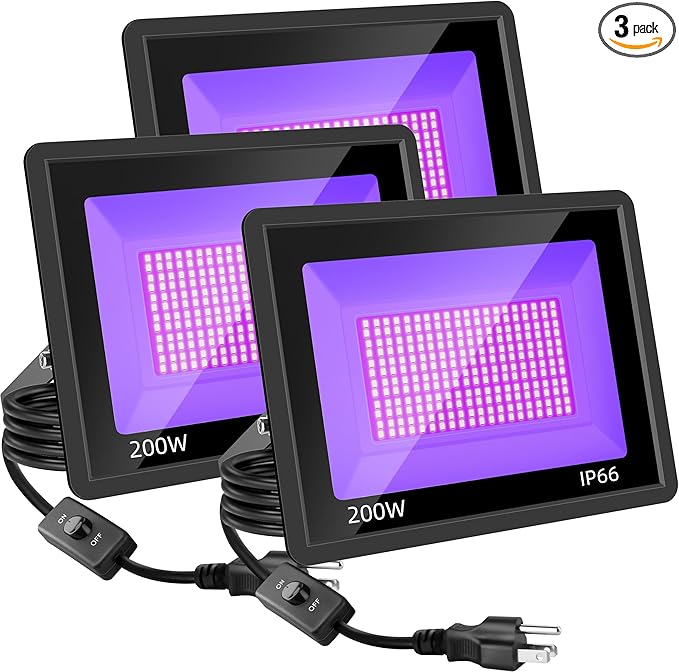 3 Pack 200W LED Black Lights, Blacklight Flood Light with Plug, IP66 Waterproof Black Flood Light for Dance Party, Glow in The Dark, Halloween, Body Paint, Fluorescent Poster, Neon Glow, Tapestry