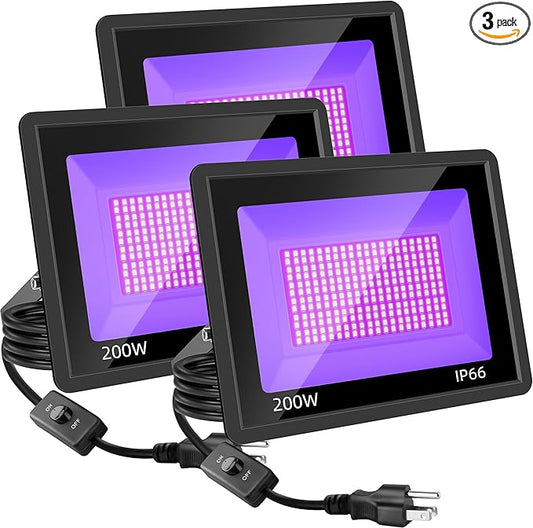 3 Pack 200W LED Black Lights, Blacklight Flood Light with Plug, IP66 Waterproof Black Flood Light for Dance Party, Glow in The Dark, Halloween, Body Paint, Fluorescent Poster, Neon Glow, Tapestry