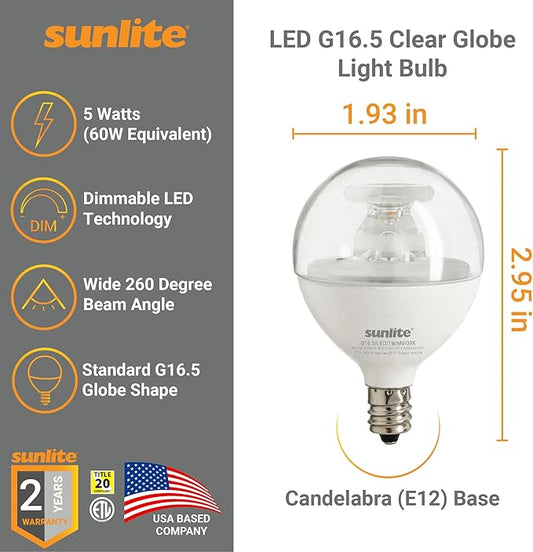 Sunlite LED G16.5 Light Bulb, 5 Watts (40W Equivalent), 350 Lumens, 90 CRI, Candelabra Base (E12), Clear Finish, Dimmable, Title-20 Compliant, ETL Listed, 6 Pack, 3000K Warm White