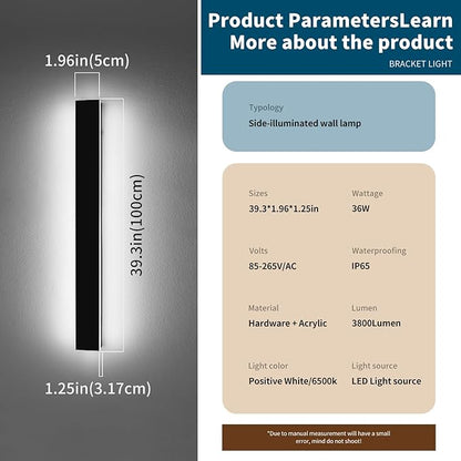 2 Pack 39.3inch Exterior Wall Light Fixture, Long Outdoor Modern Led Wall Lights, 6000K Cold White, 36W, IP65 Waterproof Linear Outside Porch Lighting for House, Garage, Fence, Garden