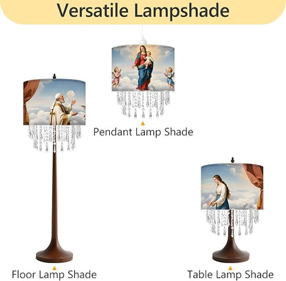 Madonna & Child Lamp Shade with Acrylic Bead Droplets, Drum Fabric Light Shade for Ceiling Pendant Table & Floor Lamps, Religious Catholic Christian Church Prayer, 11.8in