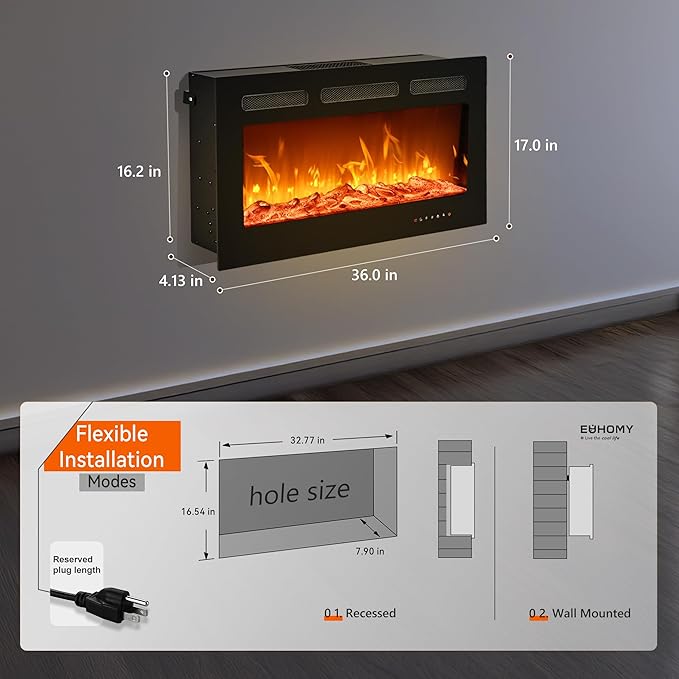 EUHOMY 36 Inch Electric Fireplace Wall Recessed and Wall Mounted with Adjustable Flame Color, Fireplace Heater with Remote Control, Linear Fireplace with Timer, Touch Screen, Log & Crystal, 750/1500W