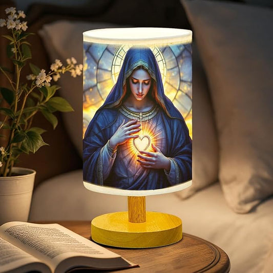 Our Lady of Sorrows Table Lamp LED 3-Color Pressed Bedside, Our Lady of Sorrows Shade Lamp with Wood Base for Bedroom Living Room Desk Office TL01