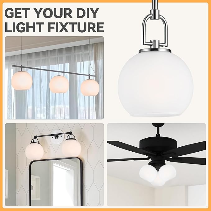 3 Pack White Frost Glass Shade Replacements, Globe Glass Lamp Shade Covers for Light Fixtures, 1.65 Inch Fitter Globes Lampshades for Wall Sconces Chandelier Pendant Lights Bath Vanity Lights