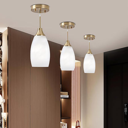 Mini Glass Pendant Light 4.72" with Handblown White Swirl Art Glass Hanging Light 1-Pack Oval Ceiling Hanging Light Fixture for Dining Room Kitchen Island Cafe Foyer Hallway