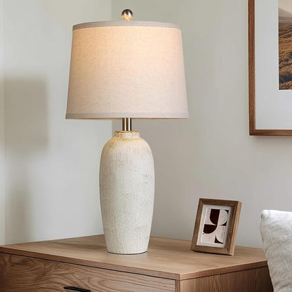 25“ Jar Table Lamps Set of 2, Ceramic Bedside Lamps for Bedroom, Beige Farmhouse Nightstand Lamps for Living Room