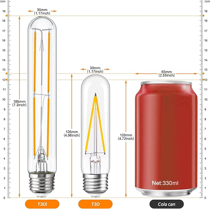 Tubular Light Bulb 7.3 Inch Dimmable T10 LED Bulb E26 6W 60 Watts Edison Bulbs 2700K Solf White,185mm Long for Wall Sconces, Pendant, Livingroom, 4-Pack