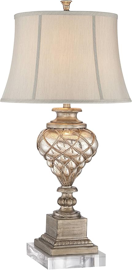 Barnes and Ivy Luke Traditional Vintage Table Lamp with Riser Nightlight LED 35.25" Tall Mercury Glass Off-White Fabric Bell Shade Living Room Bedroom House Bedside Nightstand Home Office