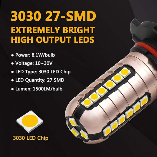 PHINLION H10 9140 9145 Yellow LED Fog Light Bulbs 3000 Lumens Super Bright 3030 27-SMD 9040 9045 9055 9155 LED Bulb Replacement for DRL or Fog Lamps, Golden Yellow