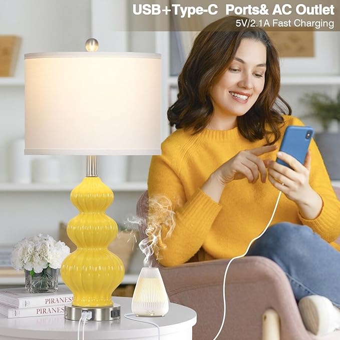 26" Set of 2 Yellow Ceramic Table Lamps with USB A+C Ports & AC Outlet, 3-Way Dimmable Gourd Bedside Nightstand Lamps with White Shade for Bedroom, Living Room, Office