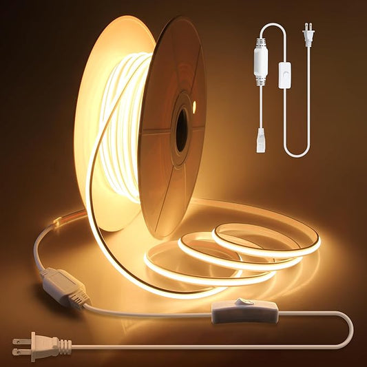 Aclorol Outdoor LED Strip Lights Waterproof 150ft 1 Roll AC 110V 120V COB LED Rope Light Strip with Strong Self-Adhesive for for Indoor Outdoor Home Commercial Lighting Warm White 3000K 288led/M