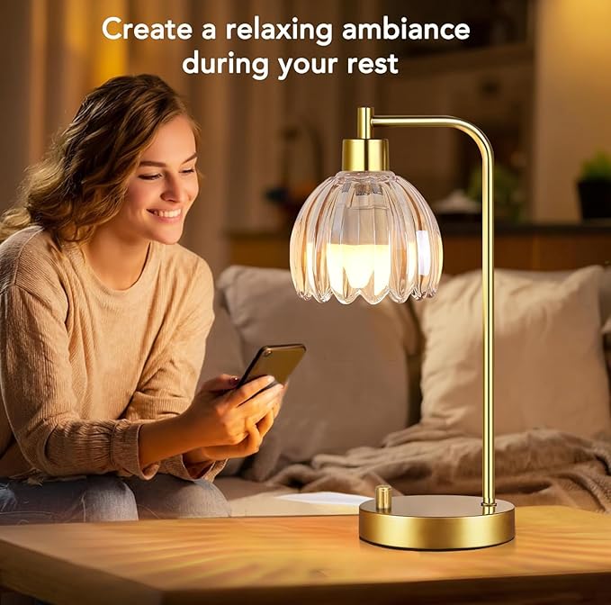 Glass Table Lamp Set of 2,Small Gold Bedside Lamps Dimmable Boho Bedroom Lamp with Tulip Flower Amber Lamp Shade,Vintage Mid Century Modern Mini Nightstand Lamp for Bedroom Living Room