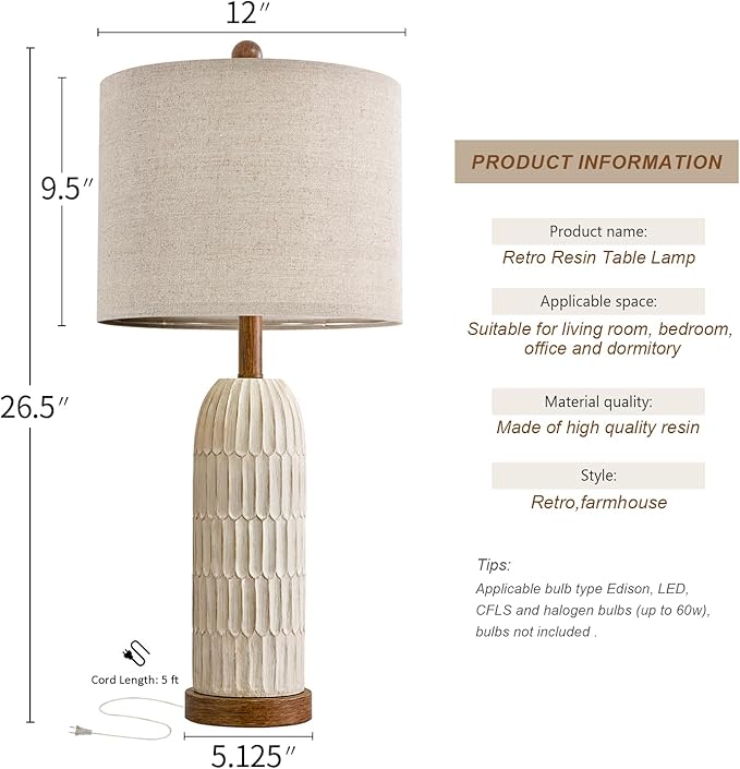 OYEARS 26.5" Table Lamps Set of 2 with USB A+C Charging Ports for Bedroom Living Room Farmhouse Bedside End Lamps Rustic Nightstand Lamps, Brown