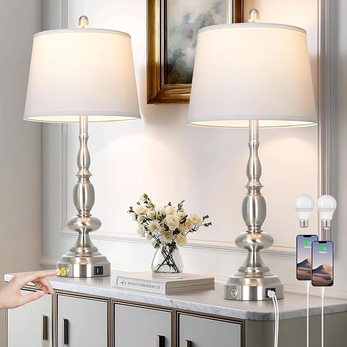 29" Tall Modern Silver Table Lamps Set of 2, 3-Way Dimmable Touch Living Room Lamp with USB A+C Charging Port, Brushed Nickel Metal Farmhouse Bedside lamp for Bedroom Nightstand Side Table Desk Office