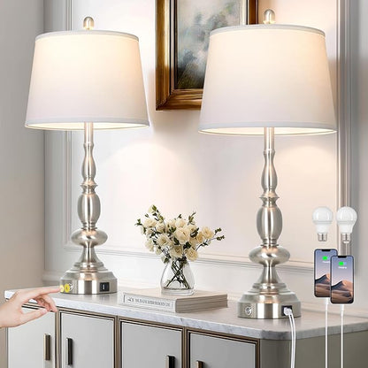 29" Tall Modern Silver Table Lamps Set of 2, 3-Way Dimmable Touch Living Room Lamp with USB A+C Charging Port, Brushed Nickel Metal Farmhouse Bedside lamp for Bedroom Nightstand Side Table Desk Office