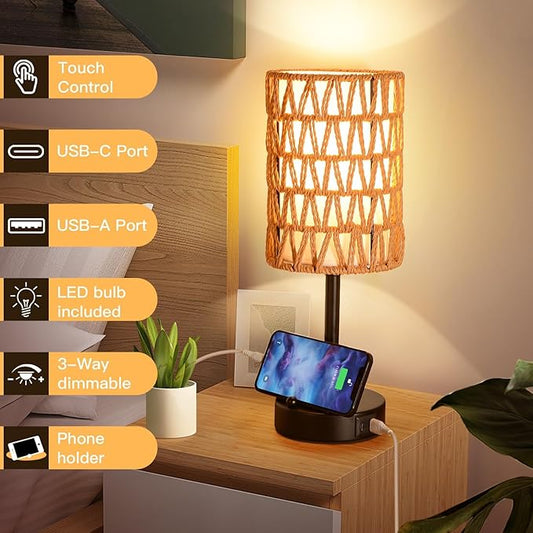 Rattan Table Lamps for Living Room, 3 Way Dimmable Touch Lamps, Small Bedside Lamps with LED Bulbs, Phone Stand, USB Ports and AC Outlet, Boho Nightstand Lamp for Kids Room, Bedroom, Office (1 Pack)