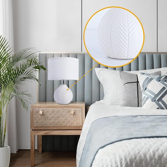 12" Ceramic Table Lamps Set of 2, Small White Bedside Nightstand Lamps with Linen Shade, Farmhouse Rustic Mid Century Modern Lamp for Bedroom Living Room Office Nursery, Cute Desk Lamp for Reading