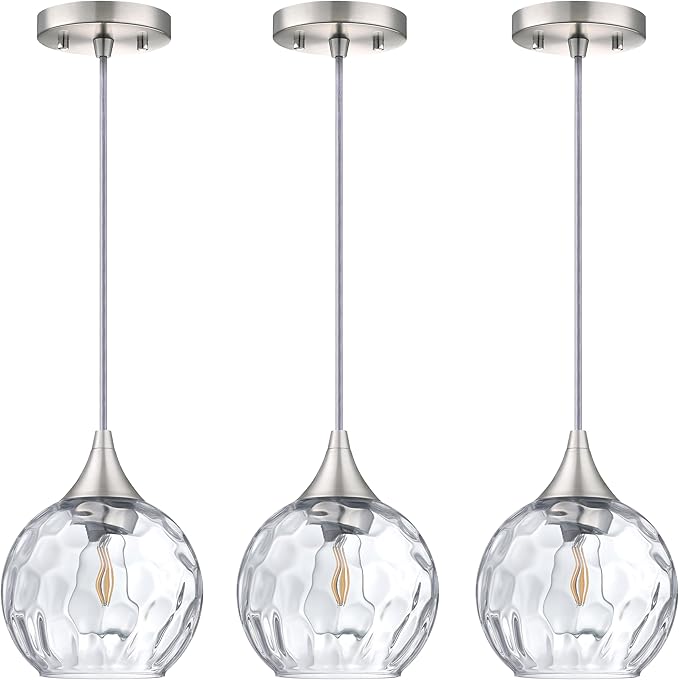 Doraimi Lighting 6.25" Texture Glass Pendant Light 3 Pack Pendant Ceiling Light Fixtures Brushed Nickel Finish Modern Farmhouse Dinning Over Sink Adjustable Height Cord
