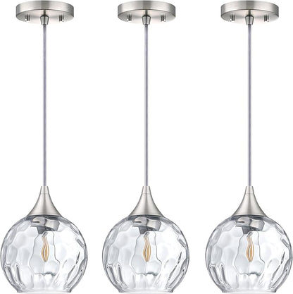 Doraimi Lighting 6.25" Texture Glass Pendant Light 3 Pack Pendant Ceiling Light Fixtures Brushed Nickel Finish Modern Farmhouse Dinning Over Sink Adjustable Height Cord