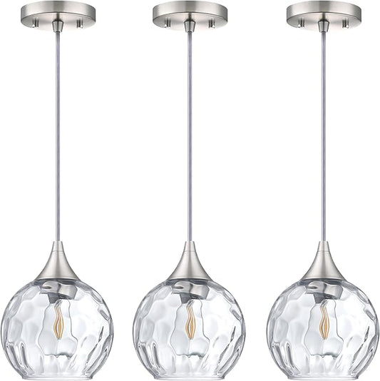 Doraimi Lighting 6.25" Texture Glass Pendant Light 3 Pack Pendant Ceiling Light Fixtures Brushed Nickel Finish Modern Farmhouse Dinning Over Sink Adjustable Height Cord