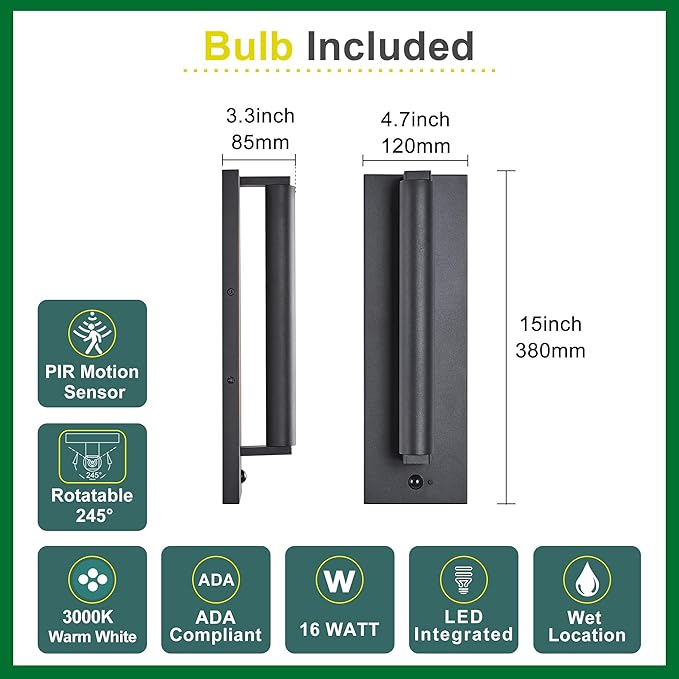 Modern PIR Motion Sensor Outdoor LED Wall Light, with a Rotatable Beam and 245° Adjustment, 3 Lighting Sensor Modes, IP65 Waterproof, Suitable for Porches, Balconies, Gardens, Garages.