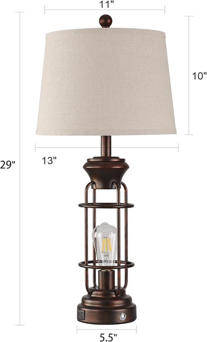 Table Lamps for Living Room Set of 2, 28.5" Farmhouse Lamps for Nightstand with USB C+A Ports, Touch Lamps for Bedroom, LED Bulbs Included