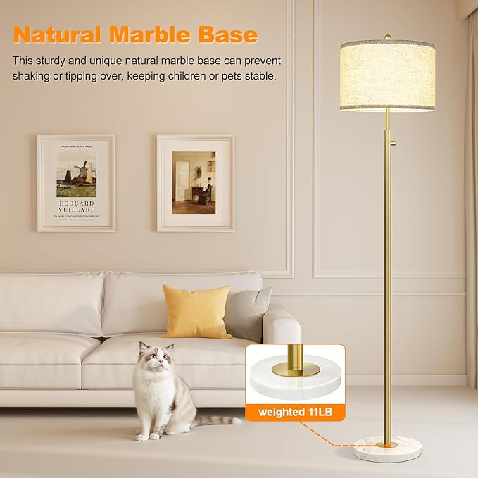 【Upgraded】 Dimmable Floor Lamp for Living Room, 11W LED Bulb Included, Modern Standing Lamp with Marble Base, Tall Pole Light with Linen Shade for Bedroom Reading Office Corner Nursery-Brass Gold