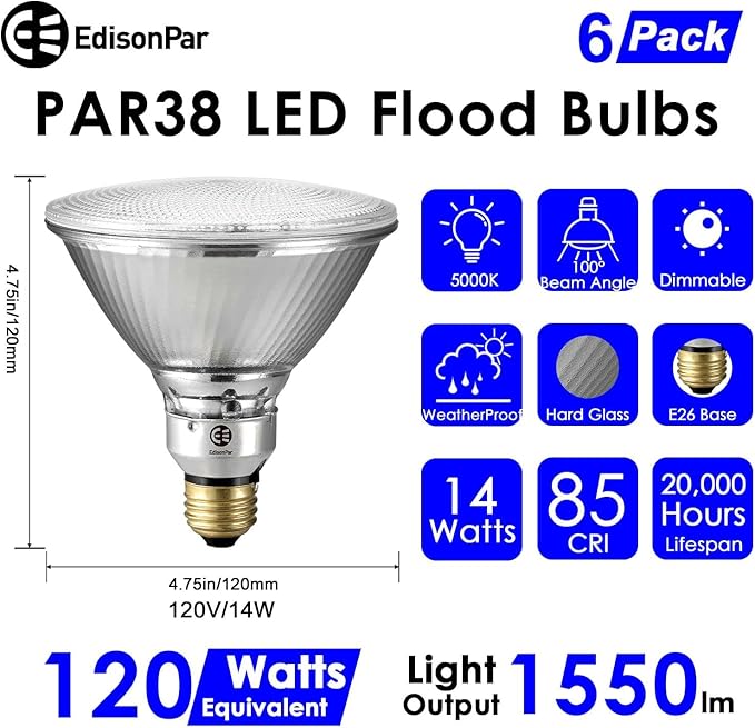 PAR38 Full Glass Commercial Grade LED Light Bulb, 14W=120W Equivalent 1550 Lumens 20000 Hours Classic Flood Light Bulbs, Dimmable Daylight 5000K Flood Light 100Degree Beam Angle, 6-Pack