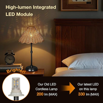 Cordless Boho Rattan Table Lamp Black, 5200-mAh Rechargeable Battery, 3-Level Brightness Dimmable, Build-in Integrated LED 320 Lumen Max, Rattan Shade, for Bedside Restaurant Dining Table