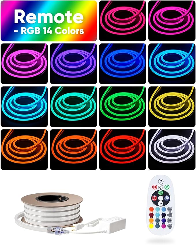 Shine Decor LED RGB Neon Rope Lights AC 120V, Expandable & Cuttable Bright Strip Lighting with Remote, Dimmable Color Changing, ETL Cold-Resistant & IP65 Waterproof for in&Outdoor, 10x20mm, 32.8FT