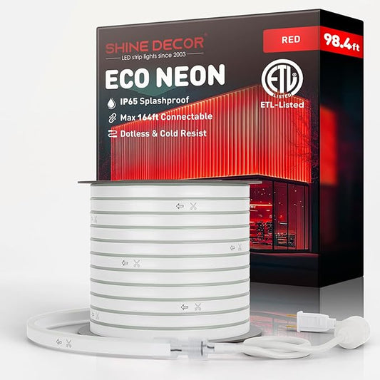 Shine Decor LED Rope Lights AC 120V, Connectable & Cuttable Dotless 120LEDs/M Eco Neon Strip Lighting, ETL IP65 Waterproof & Weather-Resistant for Home Commercial, 8x16mm, Red, 98.4FT