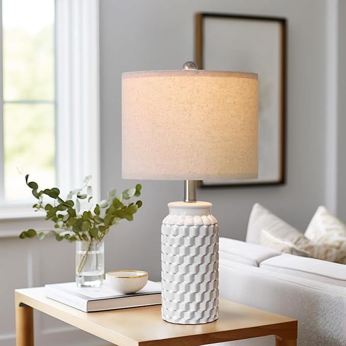 20.5" Set of 2 Bedside Table Lamps Modern White Honeycomb Ceramic - Linen Shade, E26 Knob Switch for Living Room, Bedroom & Nightstand