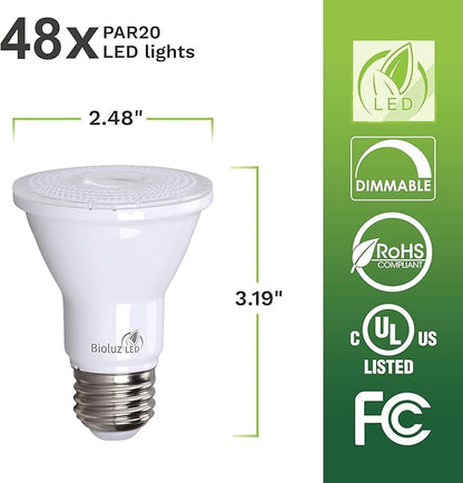 Bioluz LED PAR20 Bulbs 5000K Daylight 90 CRI 5.5W = 75W Replacement Dimmable LED Light Bulbs, 500 Lumens, UL Listed, Title 20, 48-Pack - Incandescent & Daylight Light Bulbs