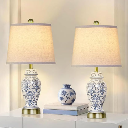 RORIANO Chinoiserie Ceramic Table Lamps Set of 2 for Living Room Bedroom Bedside, Traditional Blue Porcelain Classic Table Lamp for Nightstand Entryway, 2 LED Bulbs Included