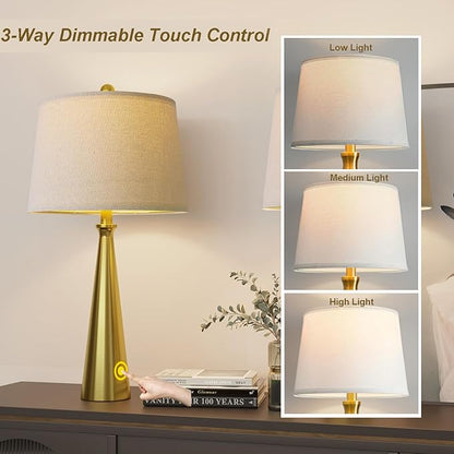 Oneach 25.75" 3-Way Dimmable Touch Control Modern USB Table Lamp Set of 2 for Living Room Bed Room Bedside Nightstand Lamps Fabric Shade Vintage Accent Light Gold Antique Brass