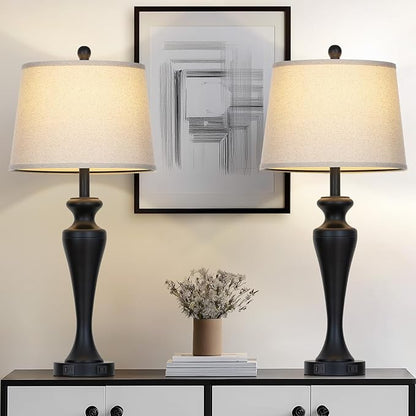 30" Black Table Lamps for Living Room, 3-Way Dimmable Touch Bedside Lamp with USB A+C Ports and AC Outlet, Tall Bedroom Lamps Set of 2, Modern Metal Nightstand Lamps for Desk Side Table Office