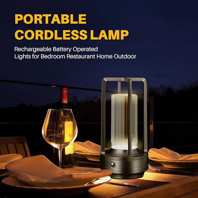Rechargeable Table Lamp Cordless, 3 Color | Crystal | Stepless Dimming, for Dining Room, Living Room, Bar, Cafe, Restaurant, Patio, Camping, (Black)
