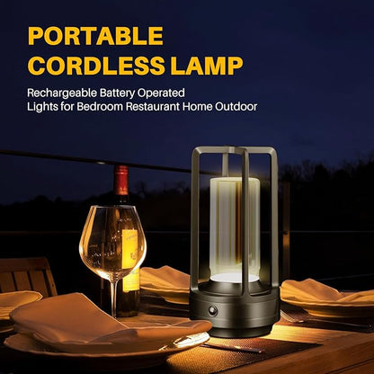 Rechargeable Table Lamp Cordless, 3 Color | Crystal | Stepless Dimming, for Dining Room, Living Room, Bar, Cafe, Restaurant, Patio, Camping, Pack of 2 (Black)