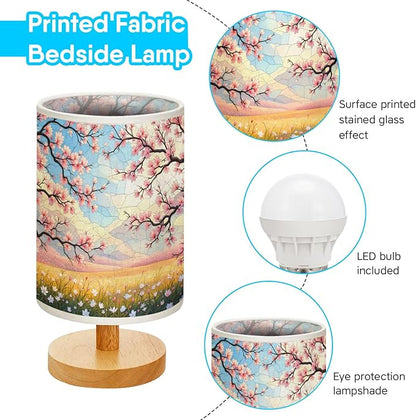 Cherry Blossom Field in Full Bloom Table Lamp LED 3-Color Pressed Bedside, Cherry Blossom Field in Full Bloom Shade Lamp with Wood Base for Bedroom Living Room Desk Office TL01