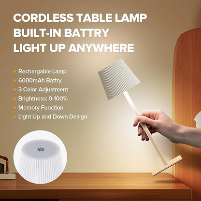 LUTEC 2 Pack Cordless Table Lamp,6000mAh Rechargeable Battery Operated Desk Lamp,Two Adjustable Heights,Waterproof, Touch Control & 3 Color Stepless Dimming for Restaurant/Bedroom/Bars/Outdoor (White)