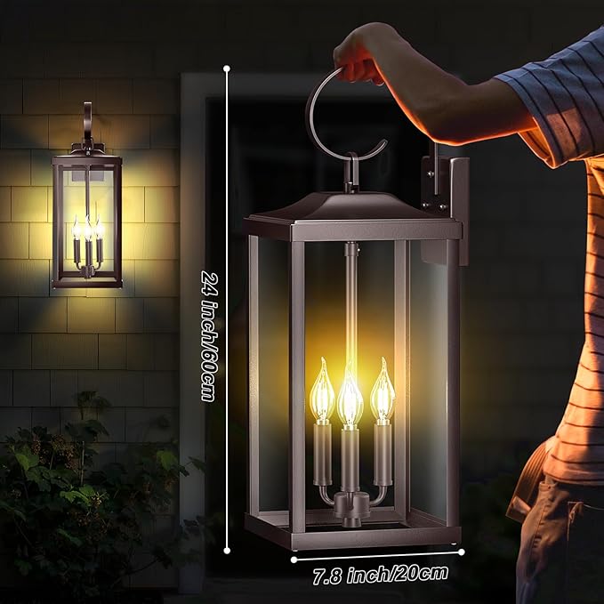24" Extra Large Outdoor Wall Light for House, Oil Rubbed Bronze 3-Light Waterproof Exterior Porch Lamp Wall Mount, Modern Outside Wall Sconce Coach Light Brown, E12, 1-Pack