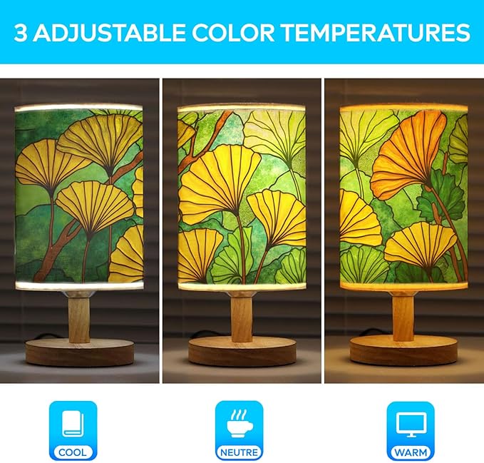 Ginkgo Tree Table Lamp LED 3-Color Pressed Bedside, Ginkgo Tree Shade Lamp with Wood Base for Bedroom Living Room Desk Office