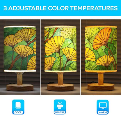 Ginkgo Tree Table Lamp LED 3-Color Pressed Bedside, Ginkgo Tree Shade Lamp with Wood Base for Bedroom Living Room Desk Office