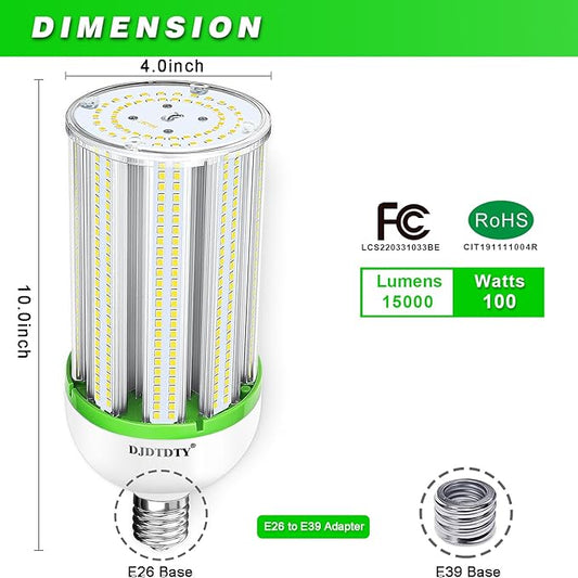 100WLED Corn Bulb, E26 Base with E39 Adapter, 5000K 15000LM LED Light Bulb for Garage Warehouse Workshop Barn (100Watts)