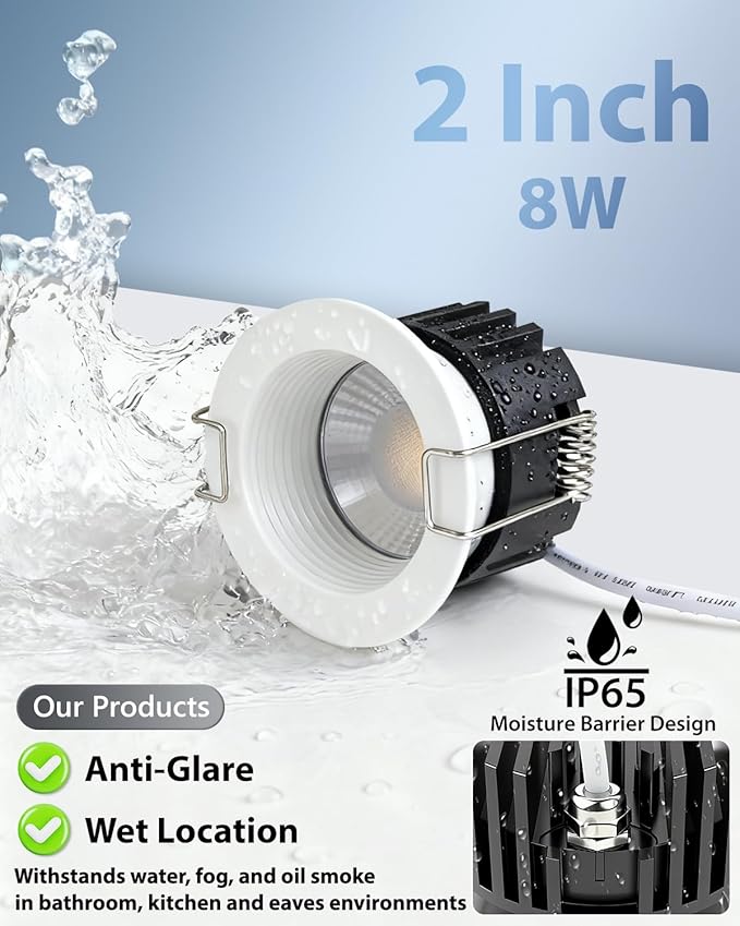Adetu 2 Inch 5CCT Anti-Glare LED Downlight with Junction Box, 2700K/3000K/4000K/5000K Selectable, CRI90+, 8W COB, 840LM, IP65 Waterproof, Dimmable-ETL and Energy Star Certified (White,1 Pack)